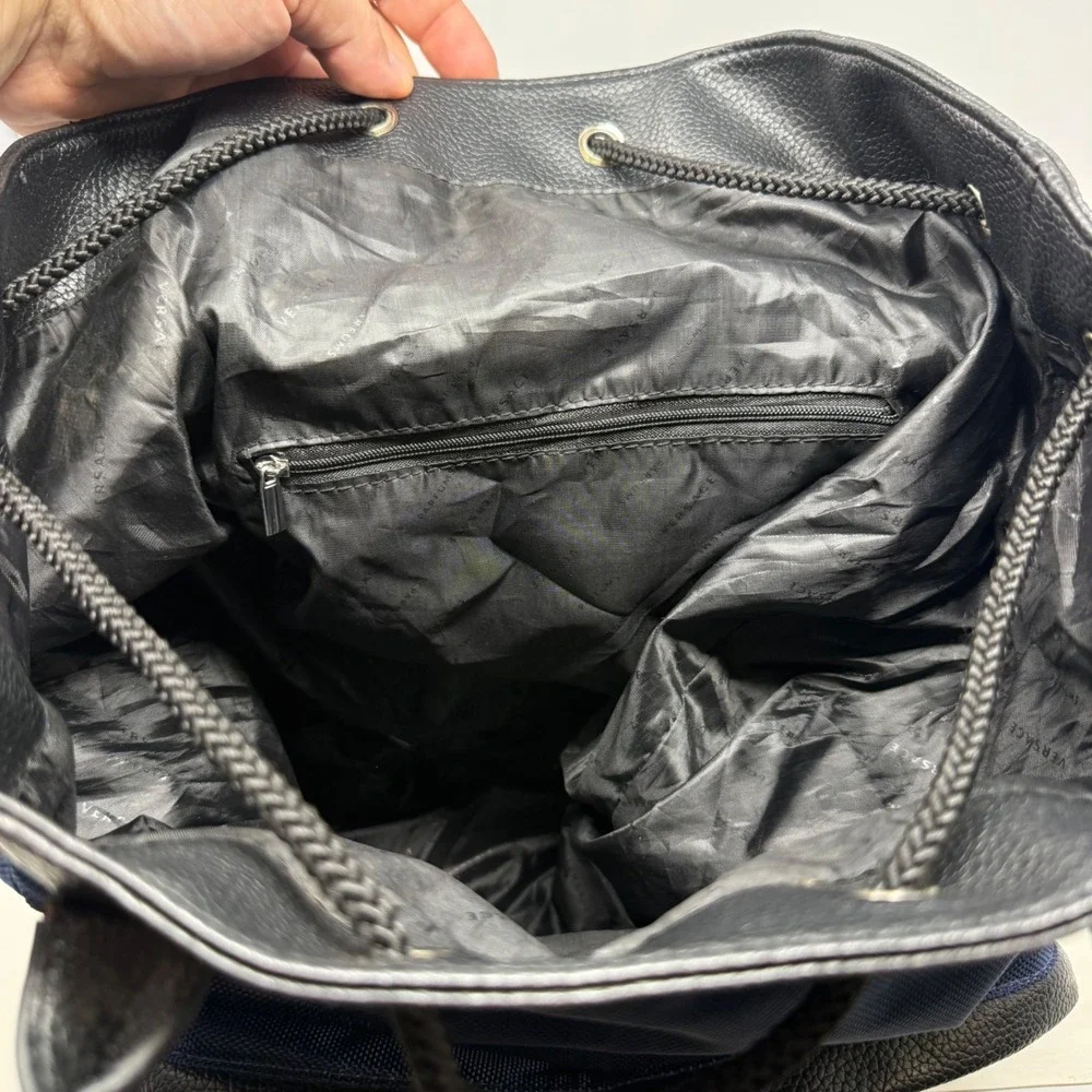 Versace Parfums Navy Blue Nylon Backpack Tote Bag Greca Straps Black Trim